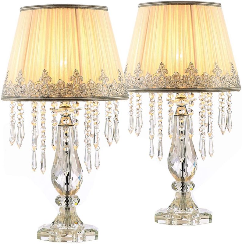 Photo 1 of Moooni Modern Bedside Crystal Table Lamp with Ruched Fabric Lampshade Elegant Plug-in Crystal Chandelier Nightstand Lamp for Living Room Girls Room Set of 2 Dimmable W 12.8" X H 22.8"
