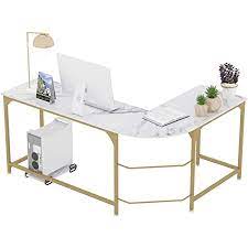 Photo 1 of Teraves Reversible L-Shaped Desk Corner Gaming Computer Desk Office Workstation Modern Home Study Writing Wooden Table (Large, White Marbling+ Gold Frame)
