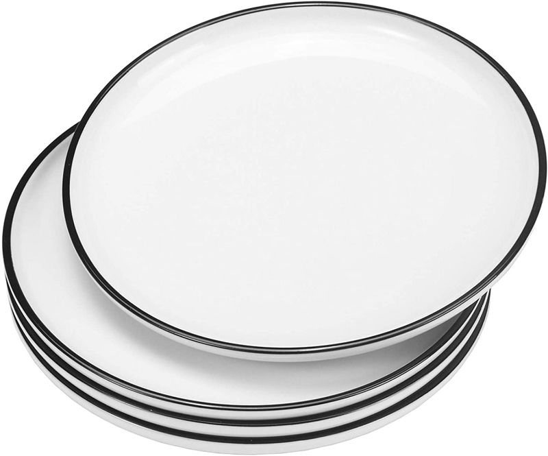 Photo 1 of 10 Inch Ceramic Dinner Plates, Classic White Round Porcelain Serving Dishes with Black Line Edge Set of 4
