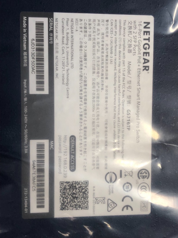 Photo 3 of NETGEAR 18-Port PoE Gigabit Ethernet Smart Switch (GS716TP) - Managed, Optional Insight Cloud Management, 16 x PoE+ @ 180W, 2 x 1G SFP, Desktop or Rackmount, and Limited Lifetime Protection
