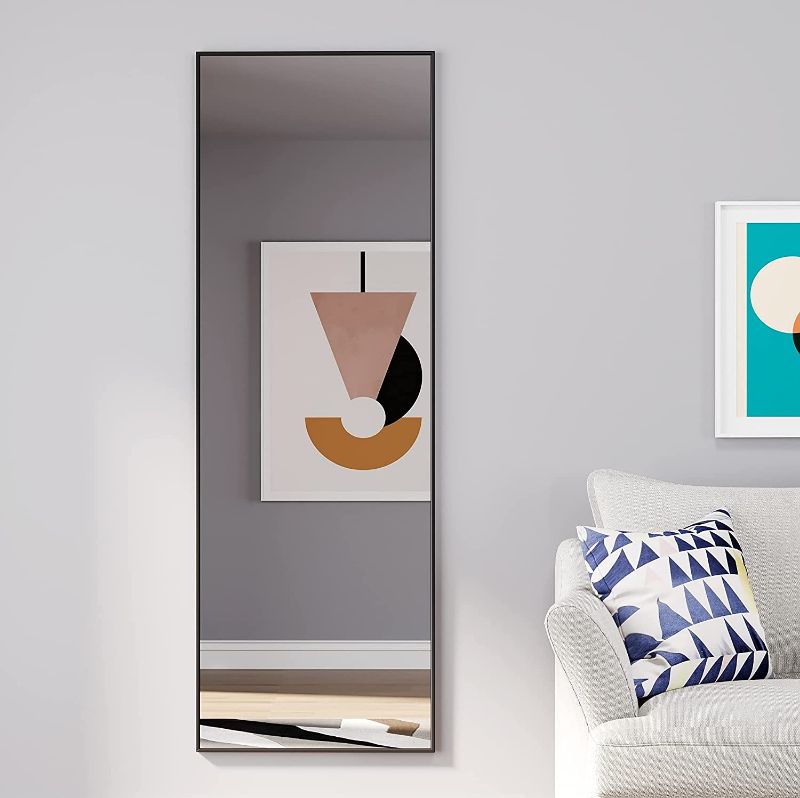 Photo 1 of  Full Length Mirror, Floor Mirror Dressing Mirror with Standing Holder Wall Mounted Mirror Framed Mirror for Cloakroom/Bedroom/Living Room(48"x 15", Black)
