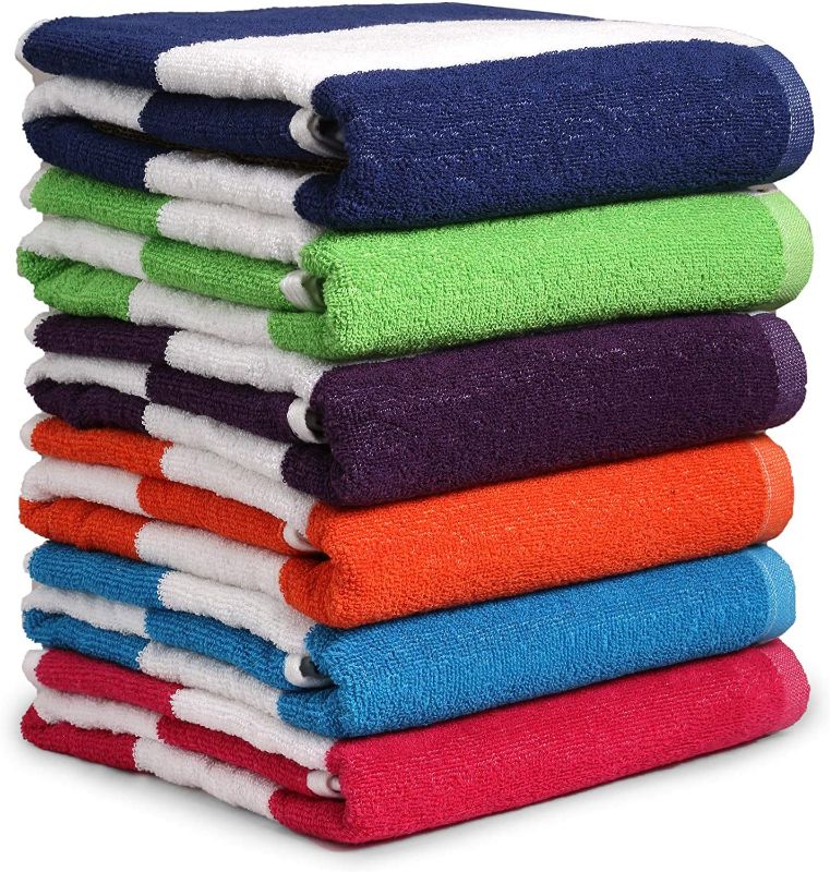 Photo 1 of 100% Cotton Bath Towel, Pack of 6, Cabana Stripe Beach Towel, Large Pool Towels (30" x 60”), Highly Absorbent, Light Weight, Soft and Quick Dry Swim Towels, for Parties, Guests
