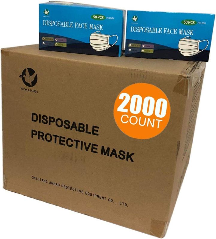 Photo 1 of 2000 PCS Wholesale Bulk Disposable Face Masks Blue (40 Boxes, 50pcs/Box), 3-Layers
