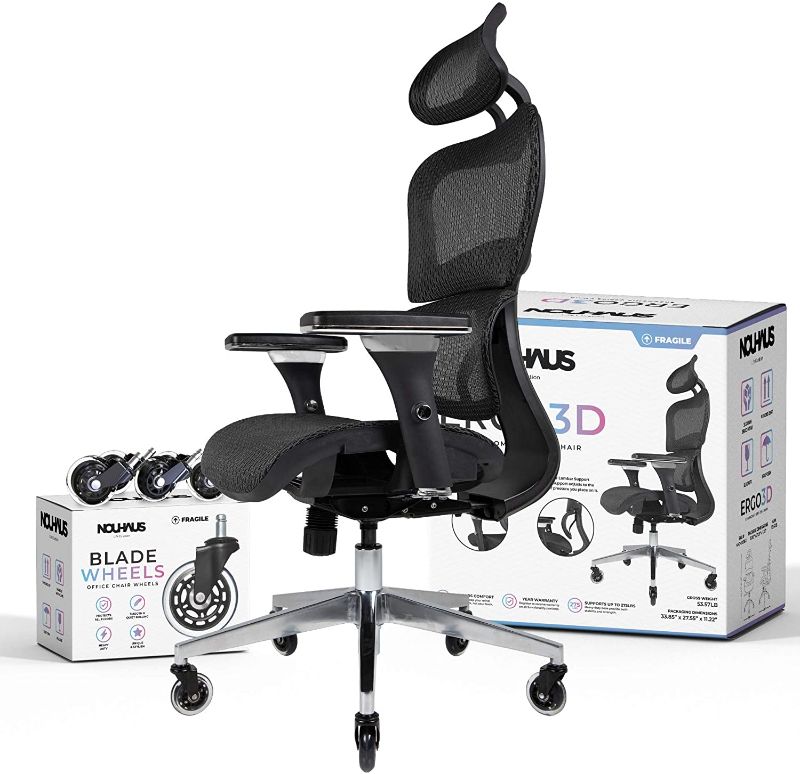 Photo 1 of NOUHAUS Ergo3D Ergonomic Office Chair – Rolling Desk Chair with 4D Adjustable Armrest, 3D Lumbar Support and Extra Blade Wheels, Mesh Computer Chair, Gaming Chairs, Executive Swivel Chair 

DAMAGED AND MISS COMPONENTS 