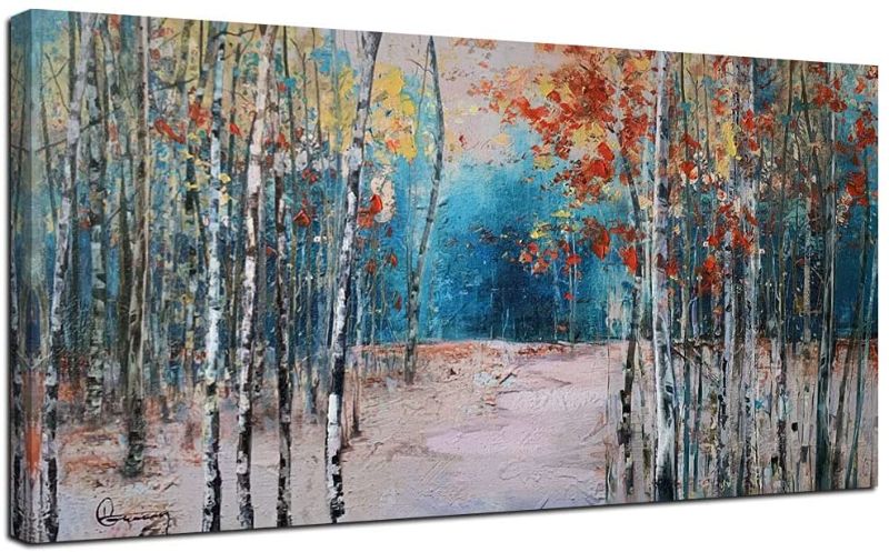 Photo 1 of Ardemy Canvas Wall Art White Birch Trees Picture Painting One Panel Blue Forest Landscape, Modern Nature Teal Artwork Prints 48"x24" XLarge Size Framed for Home Office Bedroom Living Room Wall Decor
