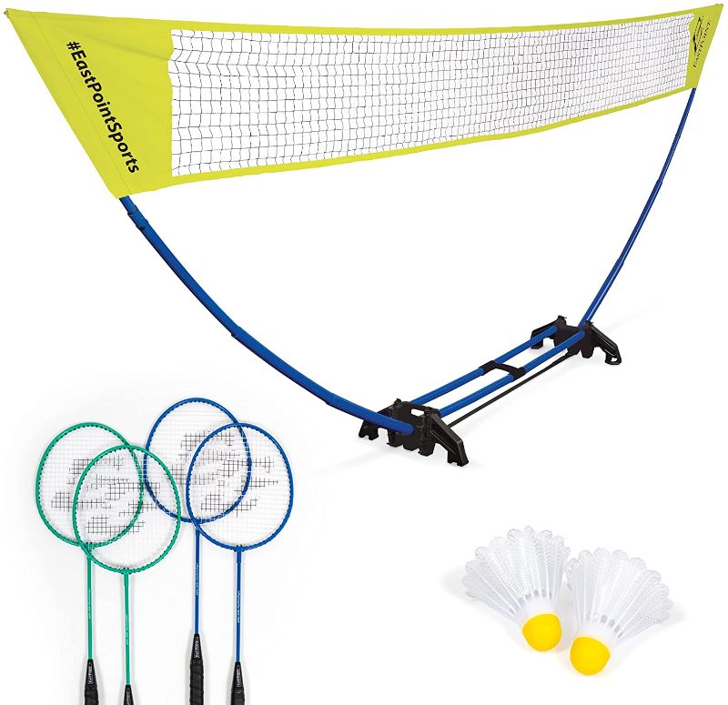 Photo 1 of EastPoint Sports Badminton Sets; Easy Set Up or 4-Way Styles, Backyard Game Includes Portable Net, 4 Badminton Rackets, 2 Shuttlecocks and Accessory Bag for Storage
