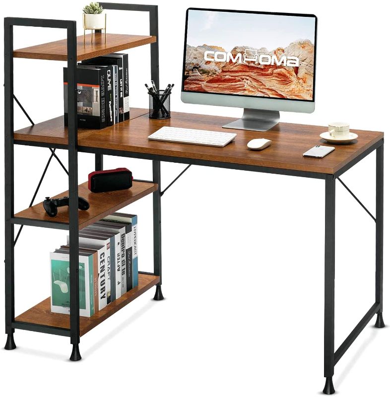 Photo 1 of Comhoma Computer Desk with Storage Shelves 47 Inch Home Office Desk with Reversible Bookshelf Study Writing Table Corner Desk for Small Space Easy Assemble, Brown
