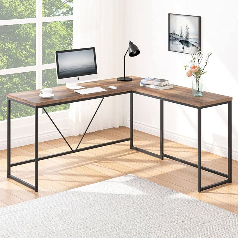 Photo 1 of HSH L Shaped Computer Desk, Metal and Wood Rustic Corner Desk, Industrial Writing Workstation Table for Home Office Study, Rustic Oak 59 x 55 Inch
