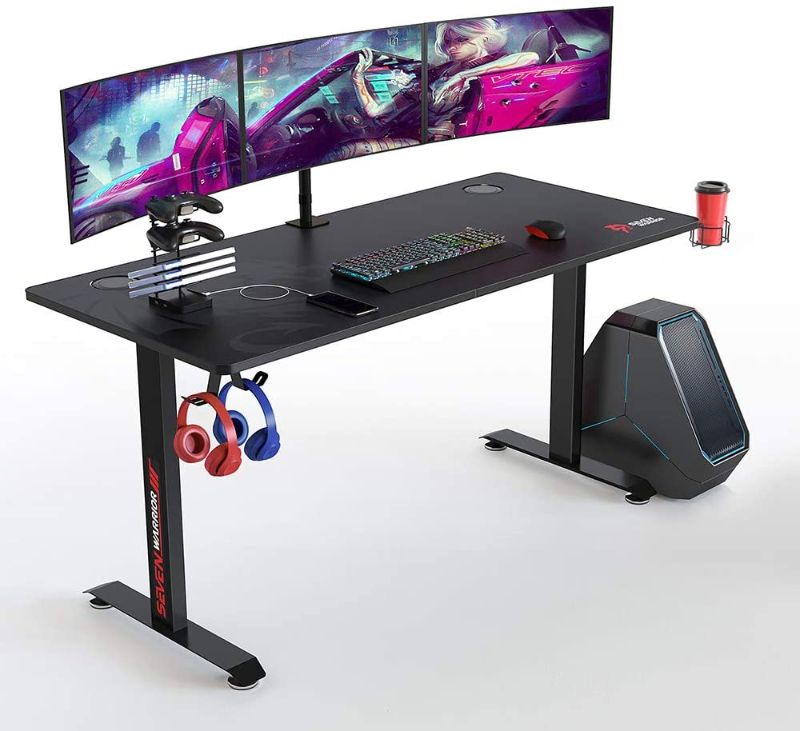 Photo 1 of SEVEN WARRIOR Gaming Desk 60 INCH, T- Shaped Carbon Fiber Surface Computer Desk with Full Desk Mouse Pad, Ergonomic E-Sport Style Gamer Desk with Double Headphone Hook, USB Gaming Rack, Cup Holder
