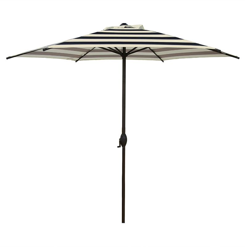 Photo 2 of 9' Patio Umbrella Market Umbrella Outdoor Table Umbrella with Push Button Tilt & Crank for Patio, Black and Cream Stripe
