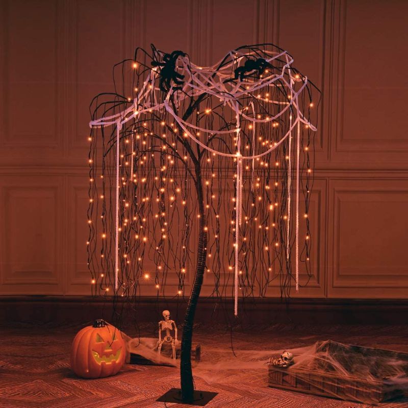 Photo 1 of 7 Feet Halloween Tree, 256 LED Lights for Home, Festival,Nativity,Party, and Christmas Witch Decoration,Includes Spiders and White Cobweb,Indoor and Outdoor,Orange