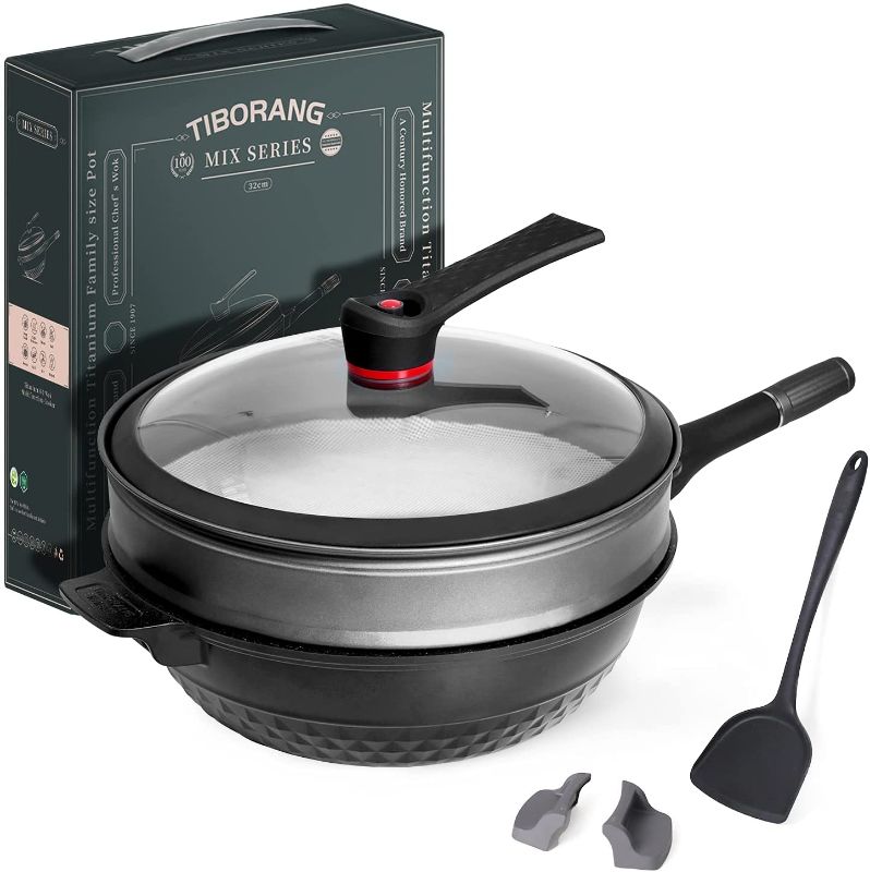 Photo 1 of ***MISSING LID HANDLE*** TIBORANG Nonstick 8 in 1 Multipurpose Woks and Stir Fry Pans,12.6 Inch 7-layer Coating Heat Indicator Cookware Chinese Wok with Transparent Glass Lid, Silicone Spatula,Steamed Grid,6L(Black)
