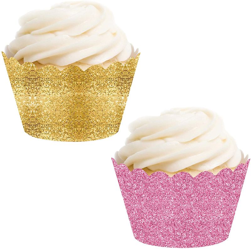 Photo 1 of Andaz Press Party Cupcake Wrapper Decorations, Faux Pink and Gold Glitter, NOT Real Glitter, , Theme Colored Bulk Cake Supplies, Not Real Glitter
