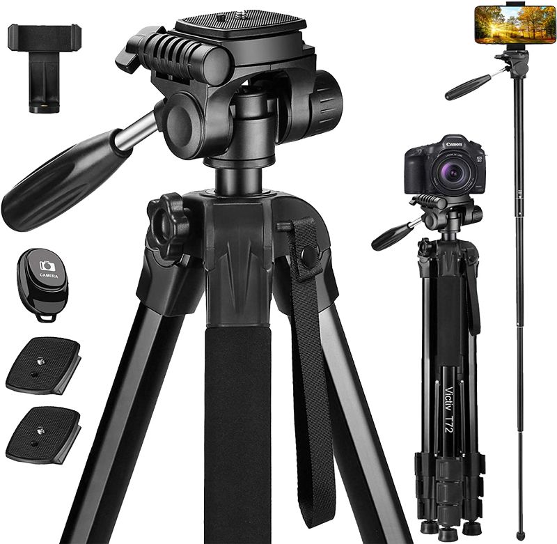 Photo 1 of Victiv 72-inch Camera Tripod Aluminum Monopod T72 Max. Height 182 cm - Lightweight and Compact for Travel with 3-Way Swivel Head and 2 Quick Release Plates for Canon Nikon DSLR Video Shooting - Black
