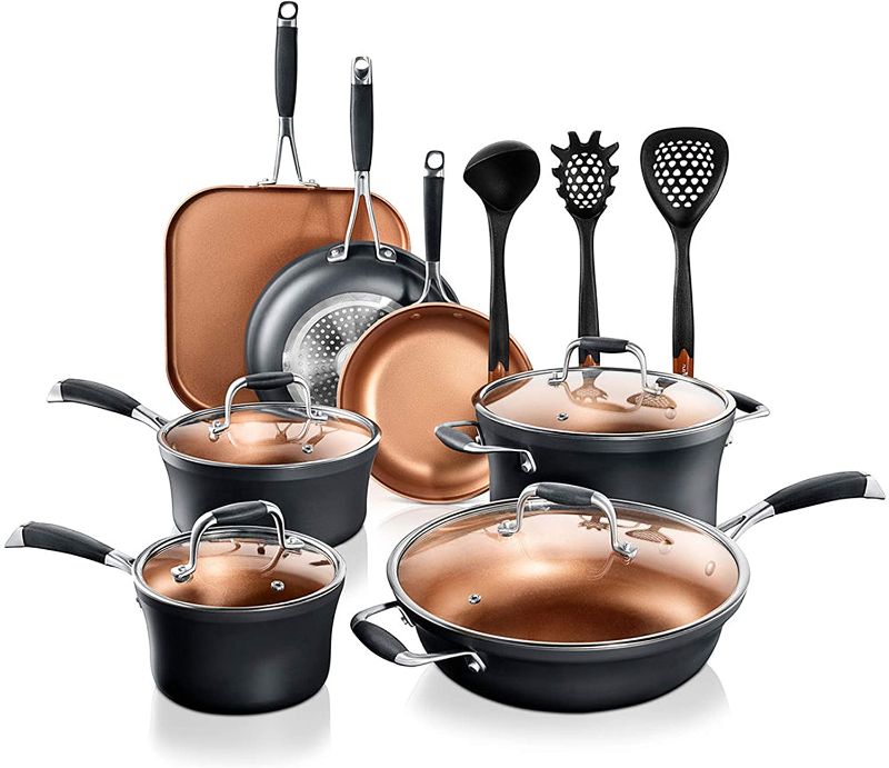 Photo 1 of NutriChef Stackable Pots and Pans Set – 14-pcs Luxurious Stackable Cookware Set – Sauce Pans Nonstick Set with Lids– Healthy Food-Grade Copper Non-Stick Ceramic Coating - PTFE, PFOA, and PFOS Free


//COMPLETE SET!