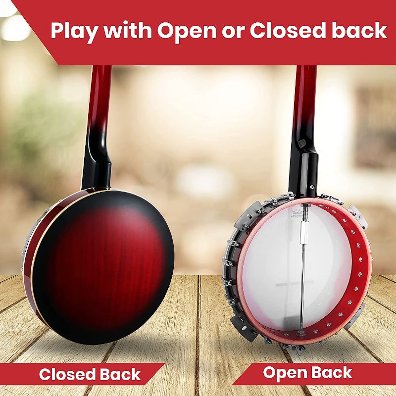 Photo 1 of Pyle, 5 String Resonator Banjo Size 24 Bracket, Geared 5th Professional Instrument w/Remo Drum & Hardwood Back-Full Beginner Starter Kit Gig Bag, Tuner, Picks, Strap, Tools
