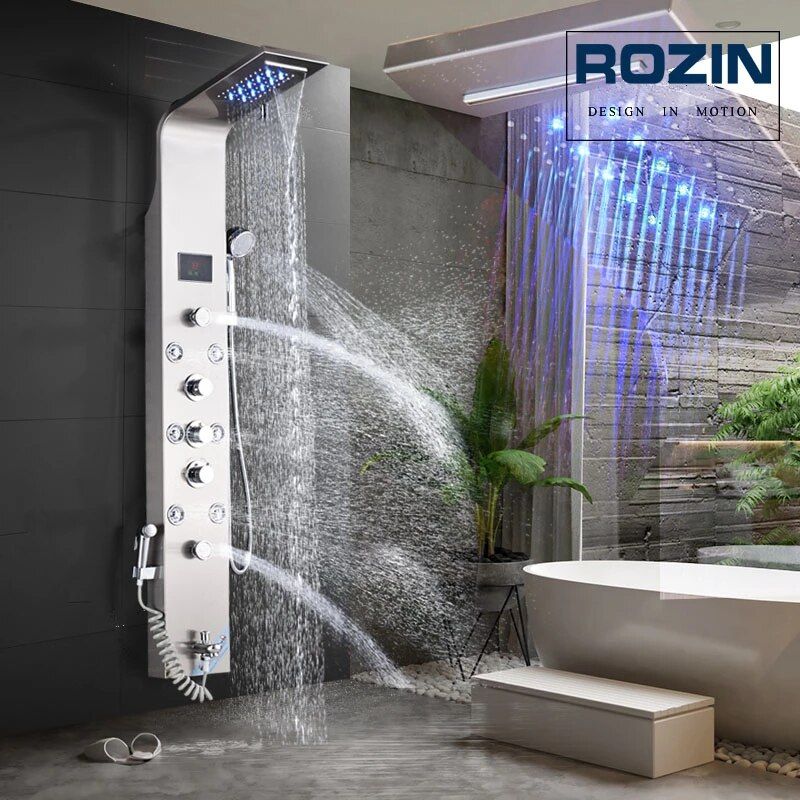 Photo 1 of Brushed Nickel Shower Panel Wall Mounted Led Light Rain Waterfall Shower Head Bath Shower Set with Bidet Sprayer Massage Jets
