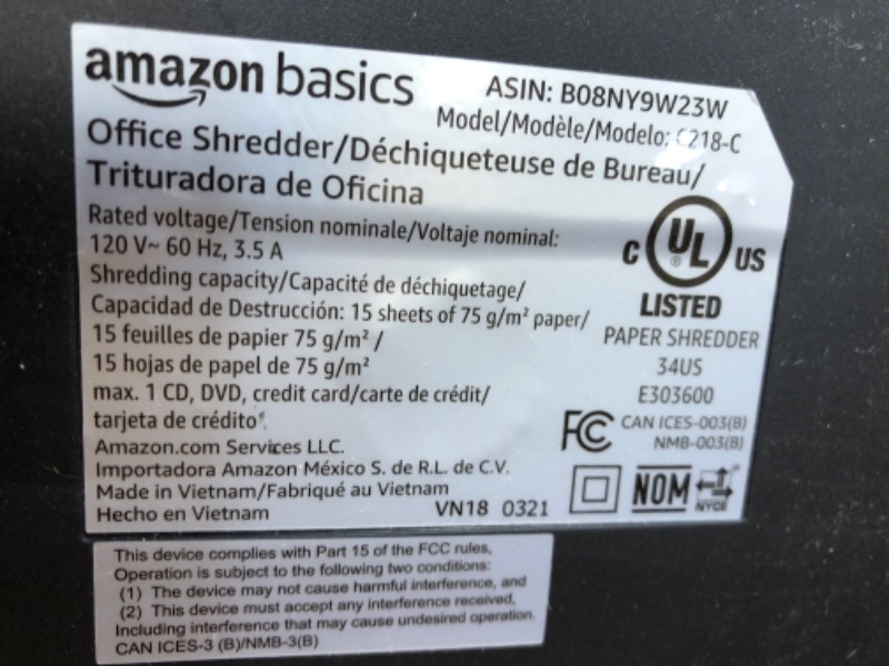 Photo 3 of Amazon Basics 15-Sheet Cross Cut Paper and CD Office Shredder with Pull Out Basket