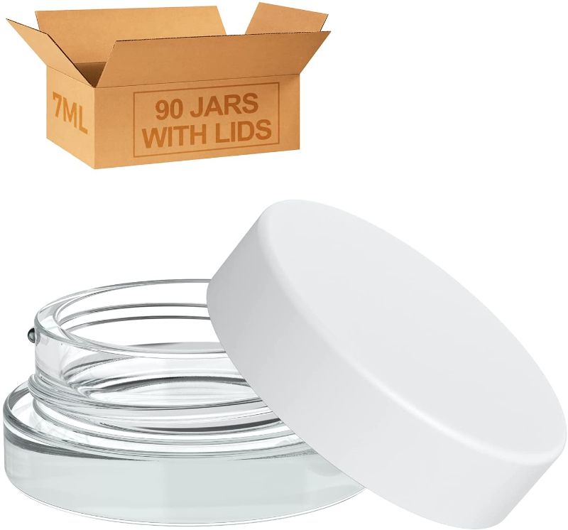 Photo 1 of (90 Pack) 7ml Low Profile Thick Glass Containers with White Lids - Concentrate Jars