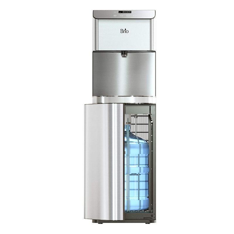 Photo 1 of ***DOOR DAMAGED/NONFUNCTIONAL*** Brio Moderna Bottom Load Water Cooler Dispenser - Tri-Temp, Adjustable Temperature, Self-Cleaning, Touch Dispense, Child Safety Lock, Holds 3 or 5 Gallon Bottles, Digital Display and LED Light
