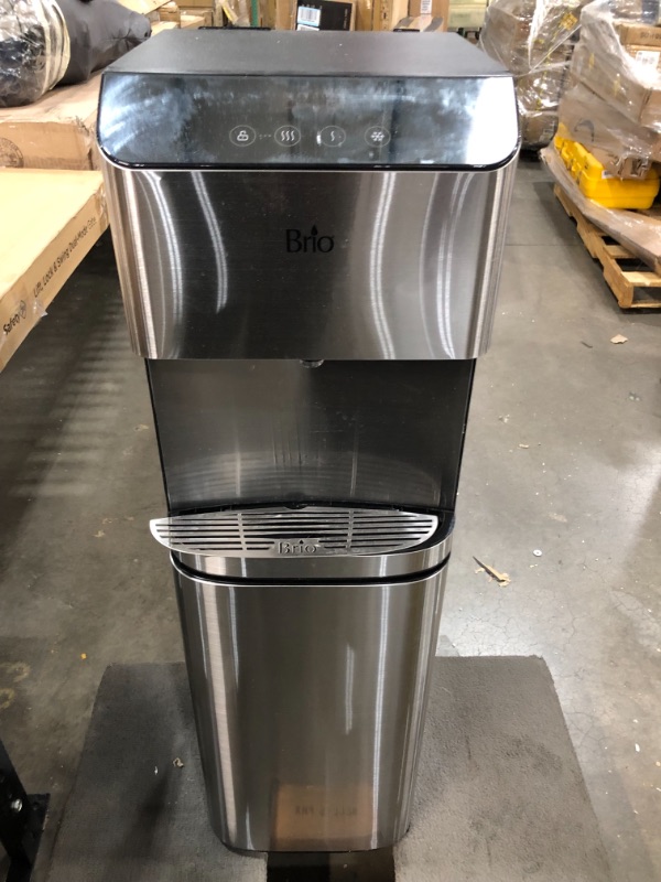 Photo 2 of ***DOOR DAMAGED/NONFUNCTIONAL*** Brio Moderna Bottom Load Water Cooler Dispenser - Tri-Temp, Adjustable Temperature, Self-Cleaning, Touch Dispense, Child Safety Lock, Holds 3 or 5 Gallon Bottles, Digital Display and LED Light
