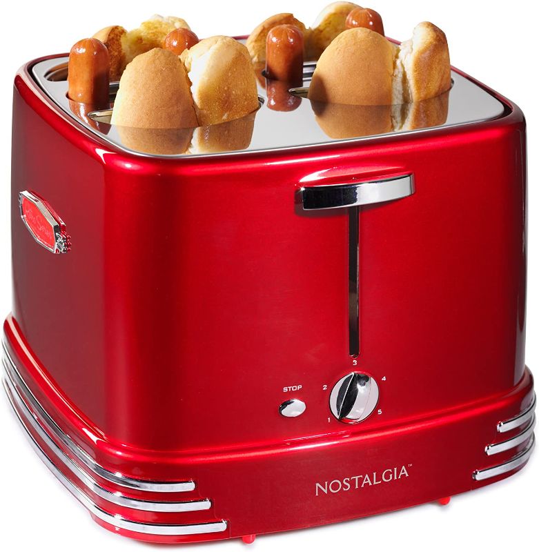 Photo 1 of Nostalgia RHDT800RETRORED Pop-Up 4 Hot Dog and Bun Toaster With Mini Tongs, Works With Chicken, Turkey, Veggie Sausages and Brats, Retro Red
