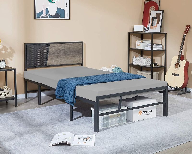 Photo 1 of Alecono Heavy Duty Twin Metal Bed Frame with Wood Headboard, Non-Slip Sturdy Steel Bed Platform Mattress Foundation No Box Spring Needed, Black
