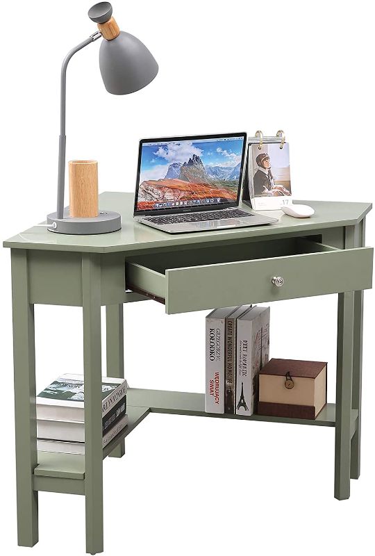 Photo 1 of Lipo Corner Desk, 29.7" × 29.7" Home Office Computer Table, Space-Saving Laptop PC Table Writing Study Table with Drawers and Storage Shelf,Green
