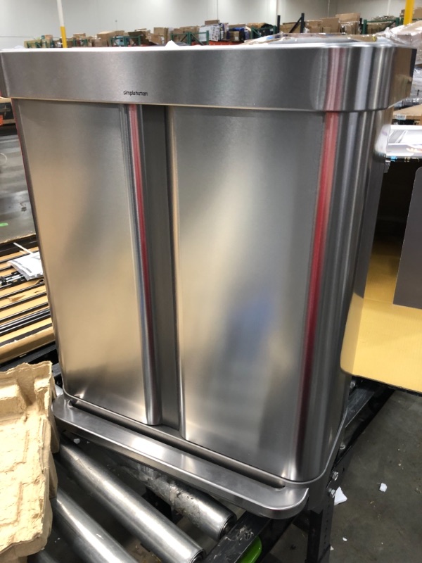 Photo 2 of 58-Liter Nano-Silver Clear Coat Brushed Stainless Steel Dual Compartment Rectangular Recycling Step-On Trash Can
//dirty //previously open 