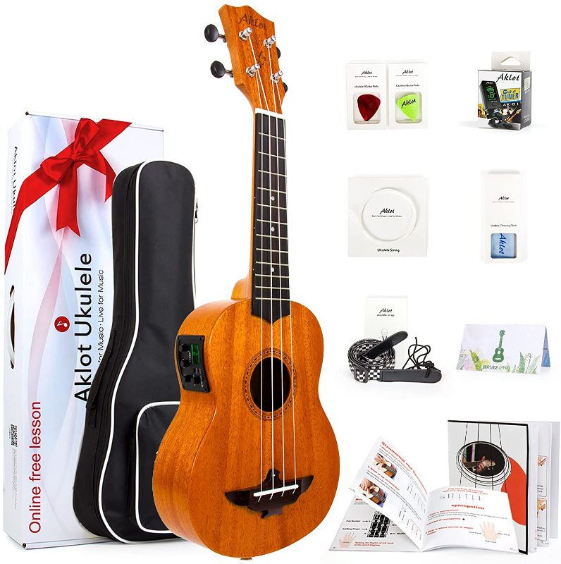 Photo 1 of AKLOT Electric Soprano Ukulele, 21 Inch Ukelele Solid Mahogany Uke for Professional Player with Equalizer Beginner Kit (Gig Bag, Picks, Strap, String, Cleaning Cloth, Starter Manual)
