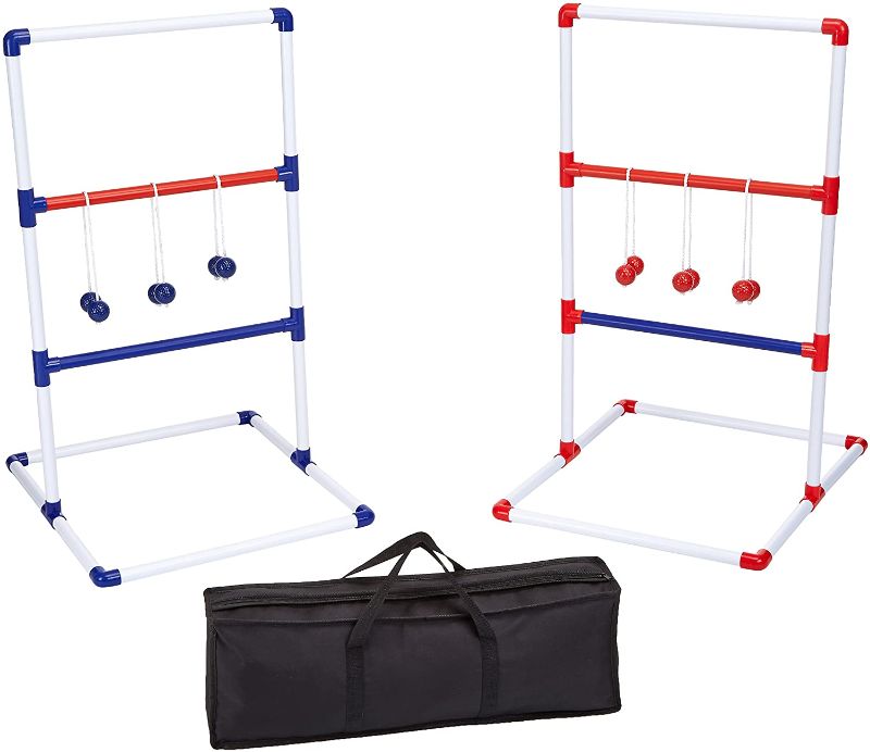 Photo 1 of Amazon Basics Ladder Toss Outdoor Lawn Game Set with Soft Carrying Case - 40 x 24 Inches, Red and Blue