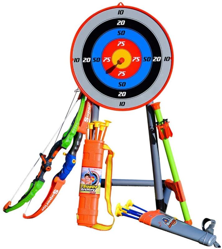 Photo 1 of CAPTAIN CHAOWING Bow and Arrow for Kids, Archery Toy Set, 2 Bows & 1 Blowing Bow & 12 Arrows & 5 Quivers & Standing Target, Outdoor Toys for Children Boys Girls
