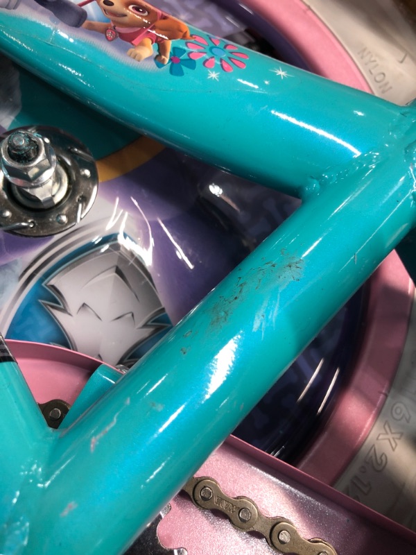Photo 2 of (MISSING HARDWARE; COSMETIC DAMAGES; DENTED)  Nickelodeon Paw Patrol Bicycle for Kids, Featuring Skye and Everest on a Teal Steel Frame, Includes Training Wheels, 16-Inch Wheels
