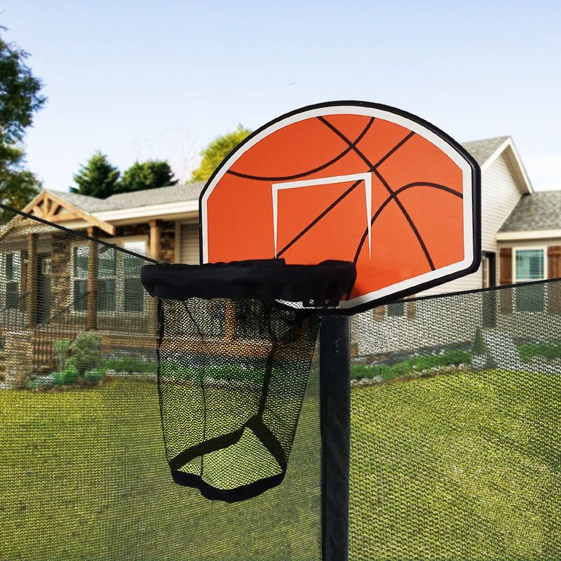 Photo 1 of  Poncho Trampoline Basketball Hoop with 2 Mini Ball and Pump Included, for Dunk,Easy to Assemble Metal Rim Fit for Most Types of Trampoline Poles Came with Foam Protection
