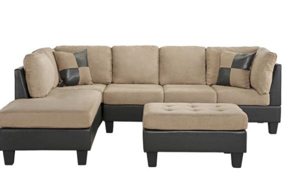 Photo 1 of 3-Piece Modern Microfiber Faux Leather Sectional Sofa With Chaise, Beige 
INCOMPLETE BOX 3 OF 4 
