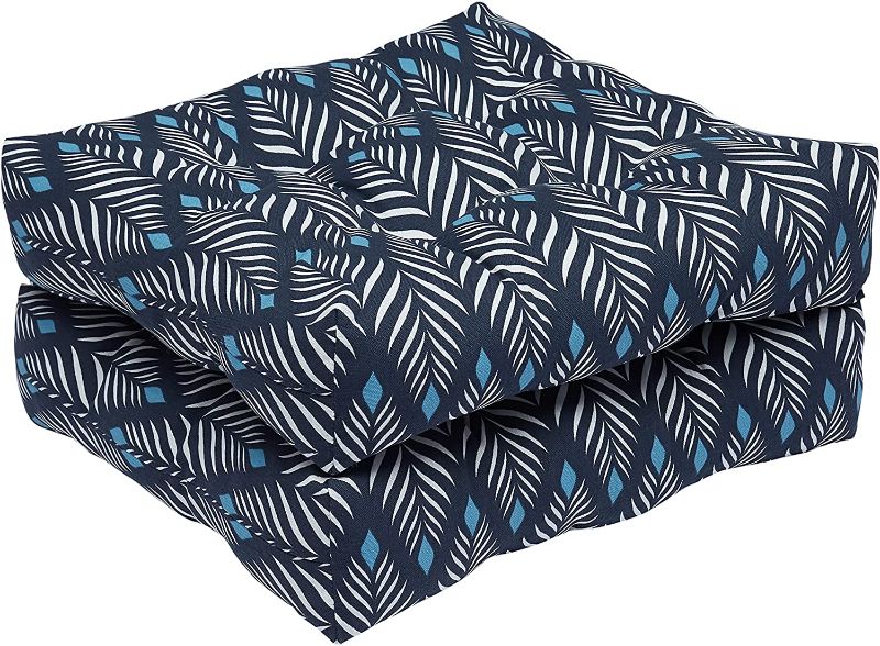 Photo 1 of Amazon Basics Tufted Outdoor Patio Square Seat Cushion 19 x 19 x 5 Inches, Navy Blue Leaf - Pack of 2
