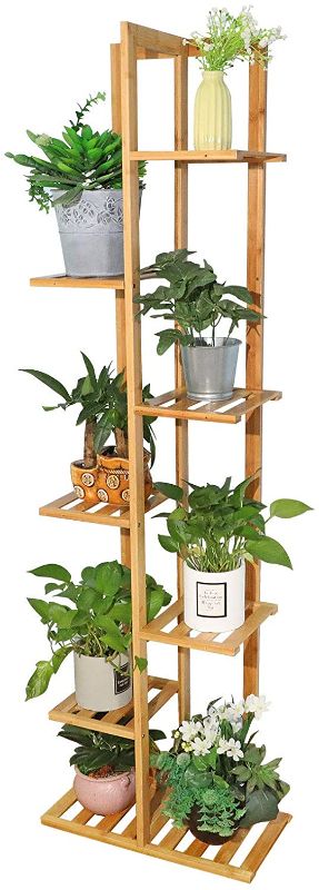 Photo 1 of 7 Tier Bamboo Plant Stand, Indoor Tall Plant Stand for Living Room Corner, Multiple Flower Pot Holder Shelf, Tiered Potted Plant Rack, Outdoor Ladder Planter Stand, Plant Table