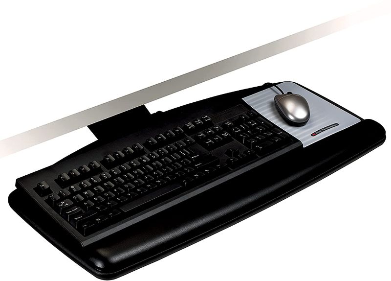 Photo 1 of 3M Under Desk Keyboard Tray, Turn Knob to Adjust Height and Tilt to Enhance Comfort and Ergonomics, Sturdy Tray with Gel Wrist Rest and Precise Mouse Pad, Stores Under Desk, 17" Track, Black (AKT60LE)
