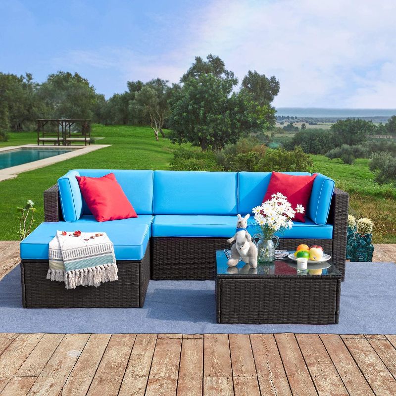 Photo 1 of **incomplete**SIMILAR TO STOCK PHOTO 
5 Pieces Patio Furniture Sectional Outdoor All-Weather PE Rattan Wicker Lawn Conversation Cushioned Garden Sofa Set with Glass Coffee Table (Blue)
