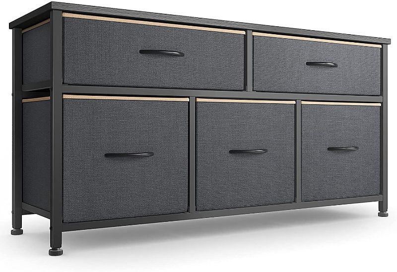 Photo 1 of CubiCubi Dresser for Bedroom, Tall Wide Storage Organizer 5 Drawer Dresser for Bedroom Hallway, Sturdy Steel Frame Wood Top, Black Grey with Light Tan Edging
