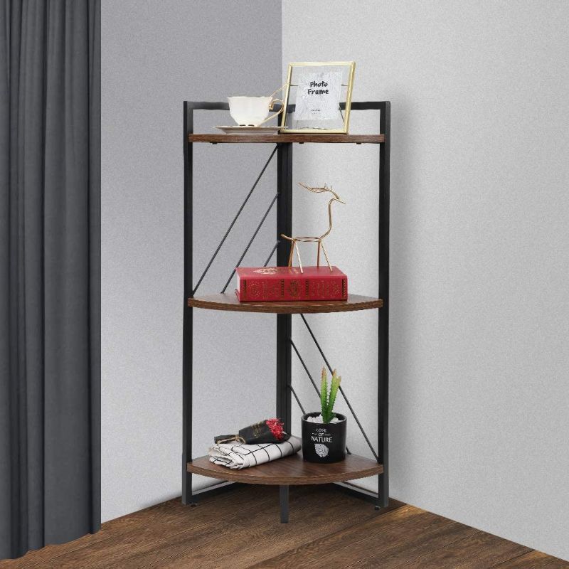 Photo 1 of NOZE 3 Tier Corner Bookshelf for Living Room, Study and Kitchen, Industrial Corner Bookcaes Open Shelf for Home Decor & Storage, Walnut
