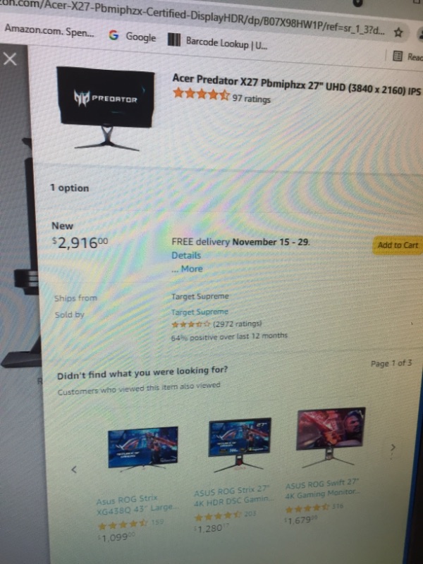 Photo 8 of  Acer Predator X27 Pbmiphzx 27" UHD (3840 x 2160) IPS Monitor with NVIDIA G-SYNC Ultimate, VESA Certified DisplayHDR 1000, Quantum Dot, 144Hz, Adobe RGB, (Display Port & HDMI Port),Black
