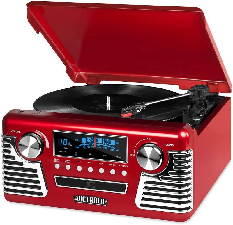 Photo 1 of Victrola 50's Retro Bluetooth Record Player & Multimedia Center with Built-in Speakers - 3-Speed Turntable, CD Player, AM/FM Radio | Vinyl to MP3 Recording | Wireless Music Streaming | Red  TESTED AND FUNCTIONS