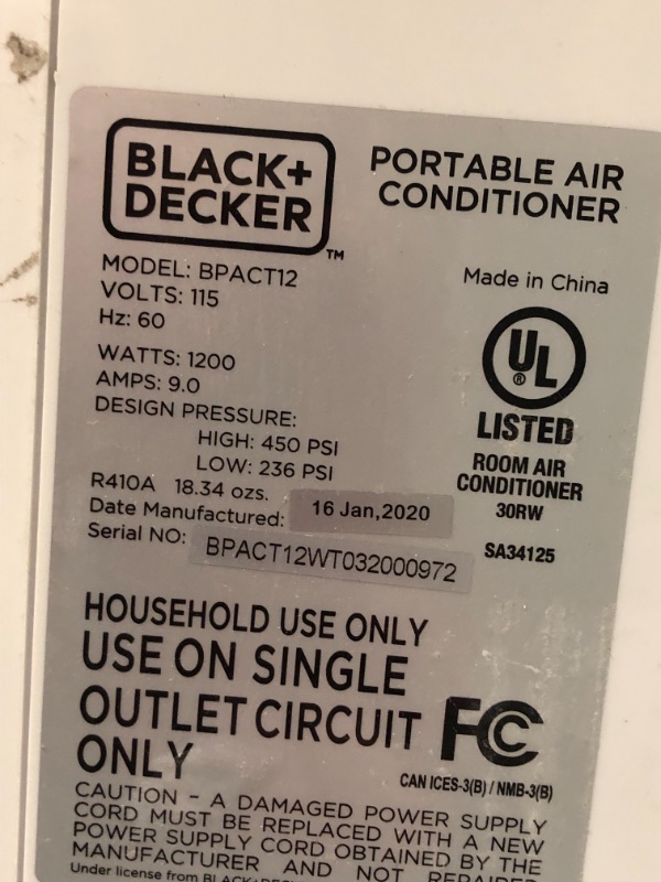 Photo 4 of BLACK+DECKER BPT10WTB Portable Air Conditioner with Remote Control, 10,000 BTU SACC/CEC (14,000 BTU ASHRAE), Cools Up to 450 Square Feet, White TESTED AND FUNCTIONS