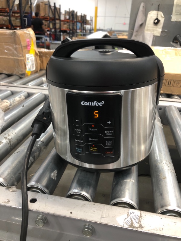 Photo 1 of COMFEE' Rice Cooker, 6-in-1 Stainless Steel Multi Cooker, Slow Cooker, Steamer, Saute, and Warmer, 2 QT, 8 Cups Cooked, Brown Rice, Quinoa and Oatmeal, 6 One-Touch Programs POWERS ON