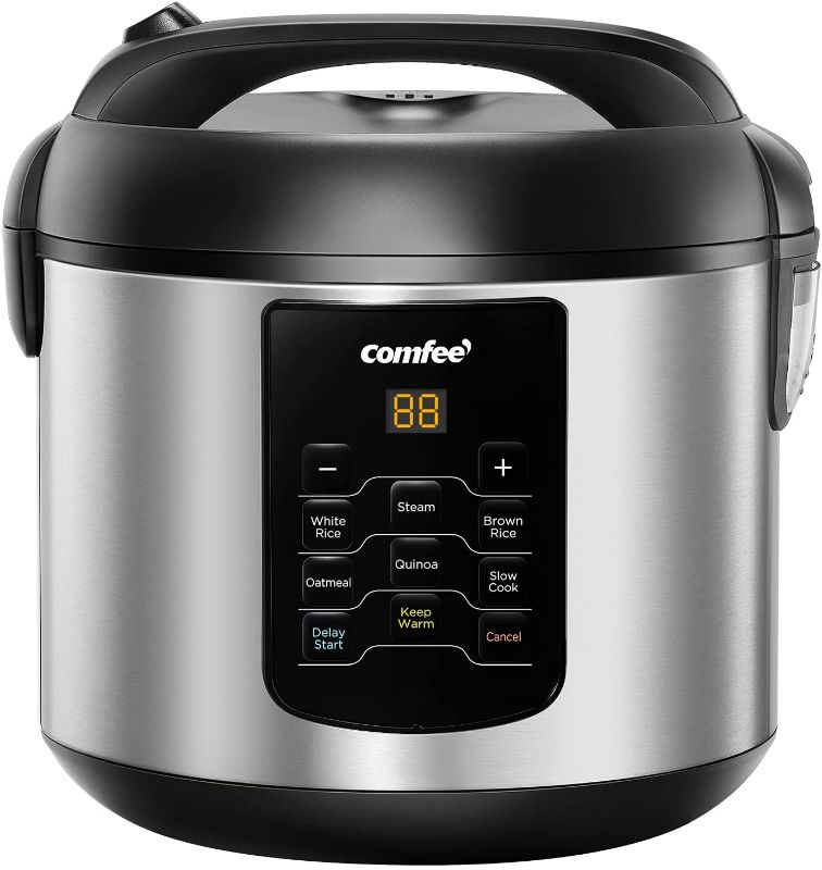 Photo 1 of COMFEE' Rice Cooker, 6-in-1 Stainless Steel Multi Cooker, Slow Cooker, Steamer, Saute, and Warmer, 2 QT, 8 Cups Cooked, Brown Rice, Quinoa and Oatmeal, 6 One-Touch Programs POWERS ON