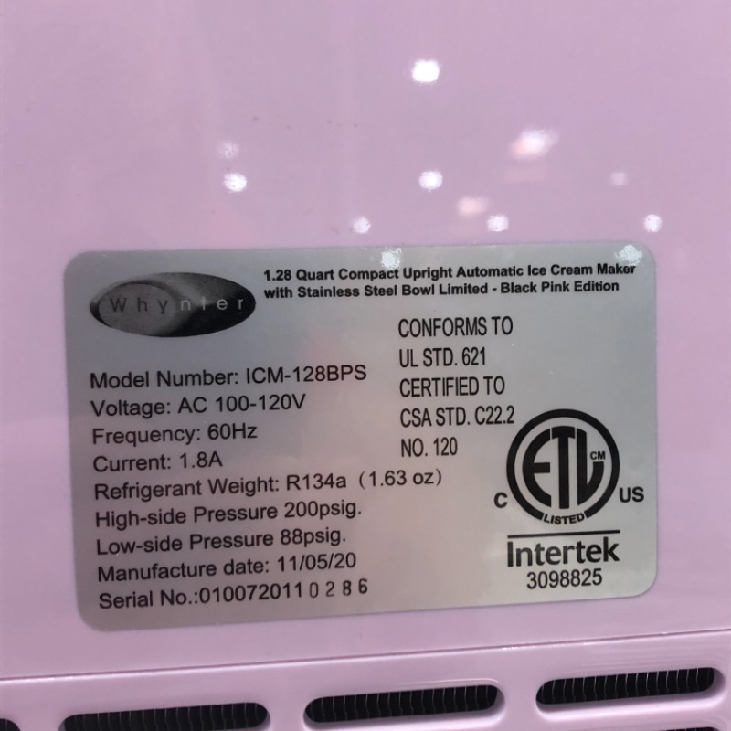 Photo 4 of Whynter ICM-128BPS Upright Automatic Ice Cream Maker 1.28 Quart Capacity with Built-in Compressor, no pre-freezing, LCD Digital Display, Timer, with Stainless Steel Bowl Limited Black Pink Edition TESTED AND FUNCTIONS
