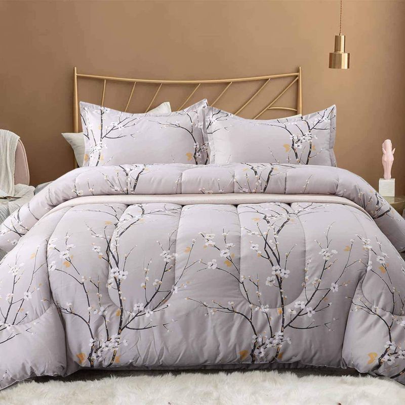Photo 1 of 
Nanko Queen Comforter Set 3pc, Reversible Down Alternative Microfiber Bedding - Light Grey Plum Blossom Flower/Floral All Season Duvet and 2 Pillowshams Bed...
