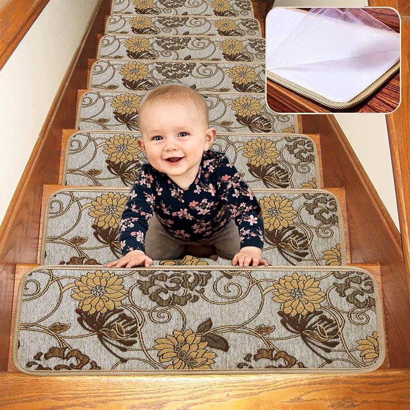 Photo 1 of  Stair Treads Carpet with Non-Slip Self-Adhesive Backing for Indoor hi Wooden Steps, Beige-30x8,