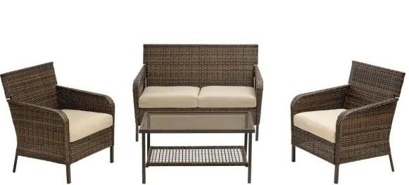 Photo 1 of 4-Piece Steel Outdoor Patio Wicker Conversation Set with Beige Cushions-box 2 of 2